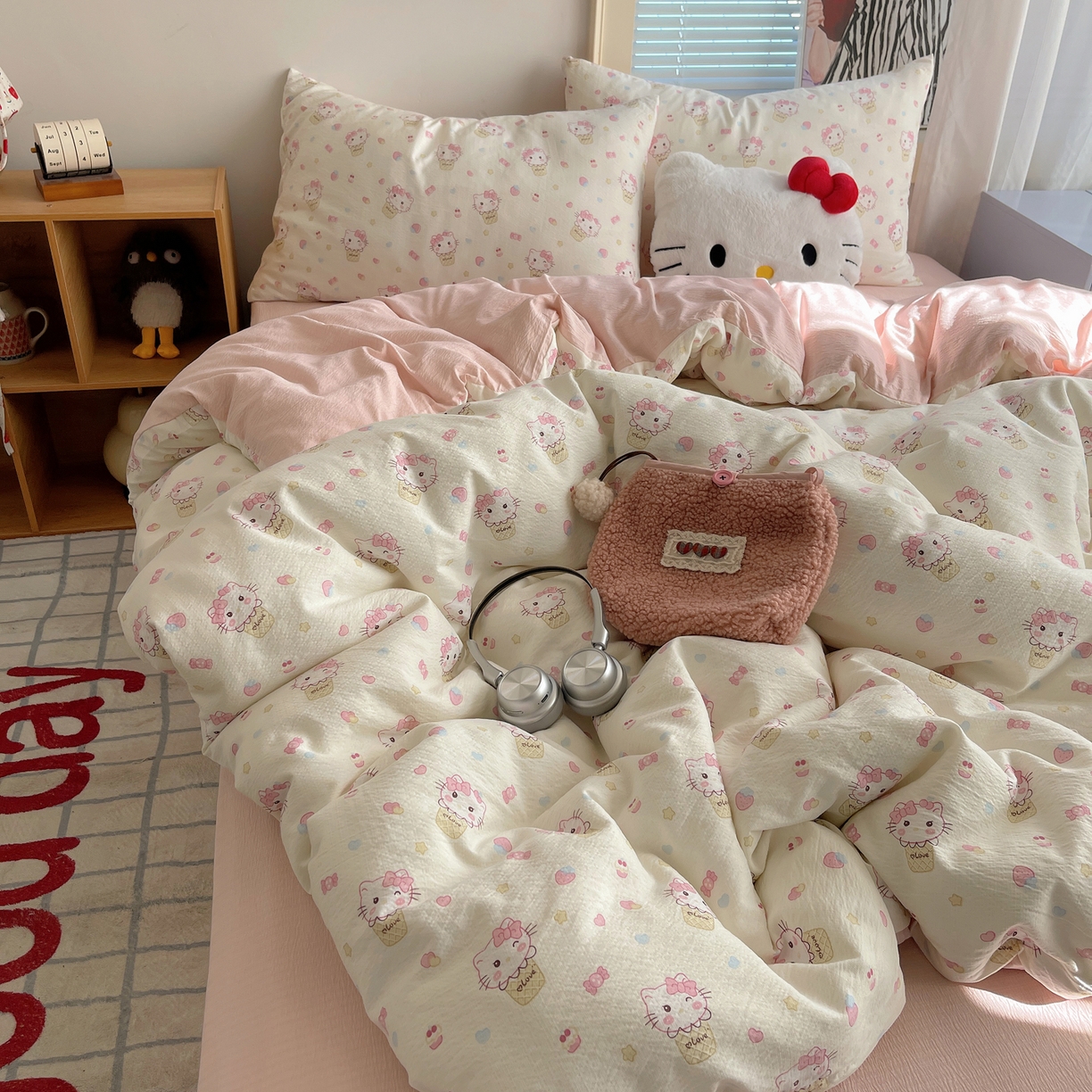 91家纺网 家纺一手货源 找家纺 繁花家居 2026新款木棉双层纱四件套 甜筒小猫-米