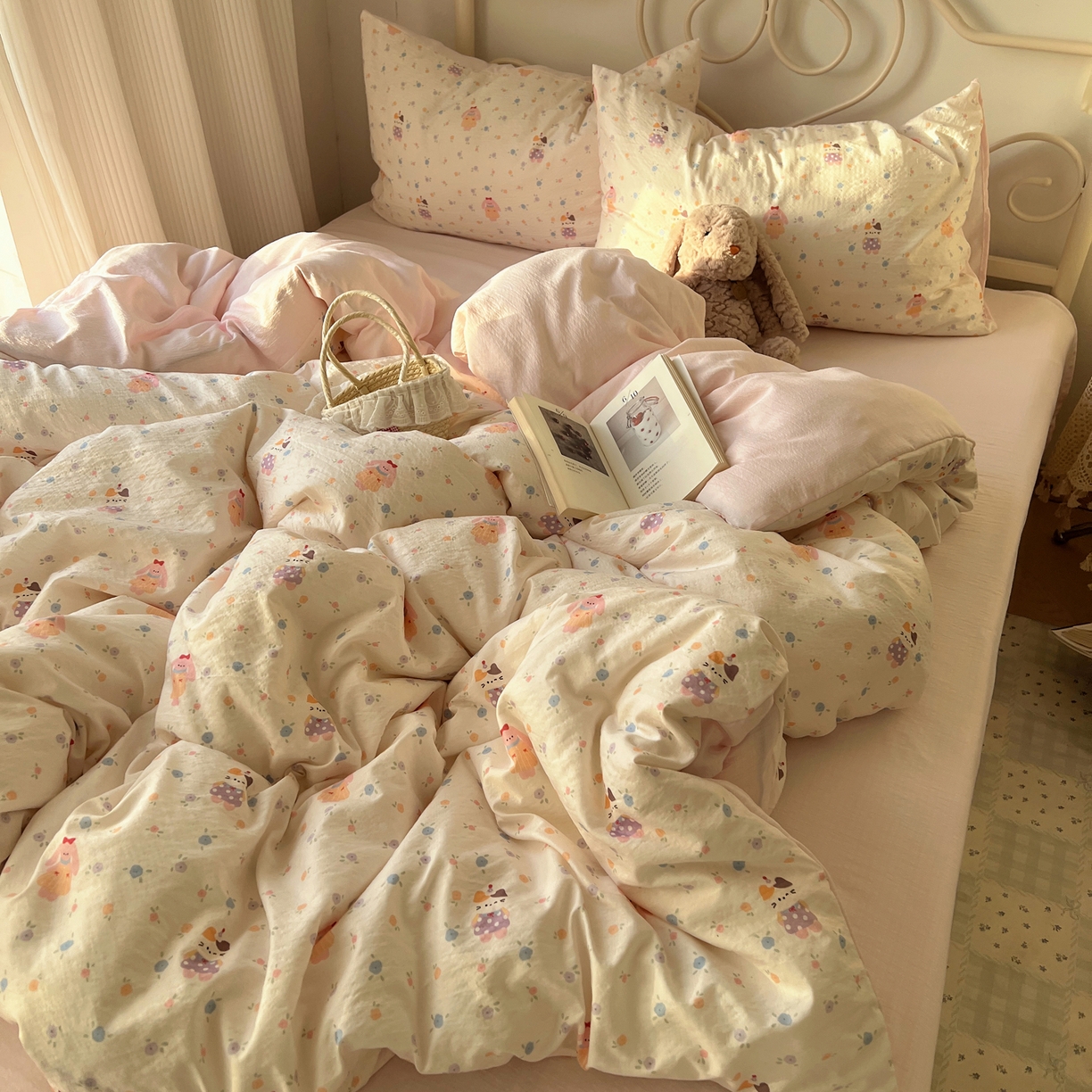 91家纺网 家纺一手货源 找家纺 繁花家居 2026新款木棉双层纱四件套 兔兔与猫