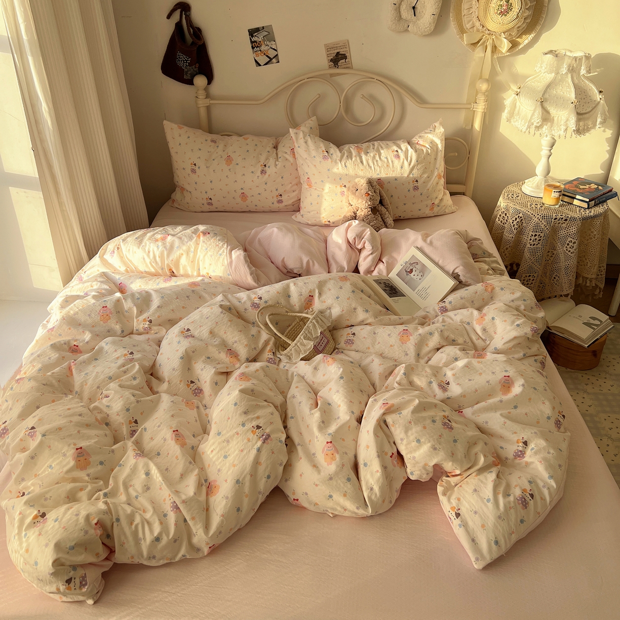 91家纺网 家纺一手货源 找家纺 繁花家居 2026新款木棉双层纱四件套 兔兔与猫