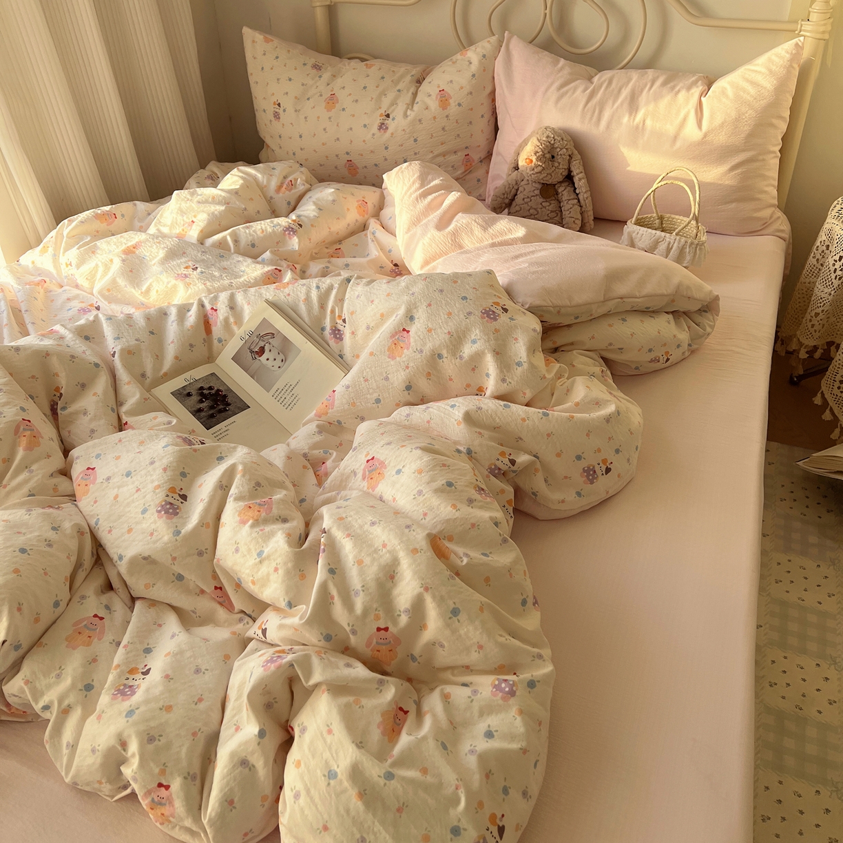 91家纺网 家纺一手货源 找家纺 繁花家居 2026新款木棉双层纱四件套 兔兔与猫