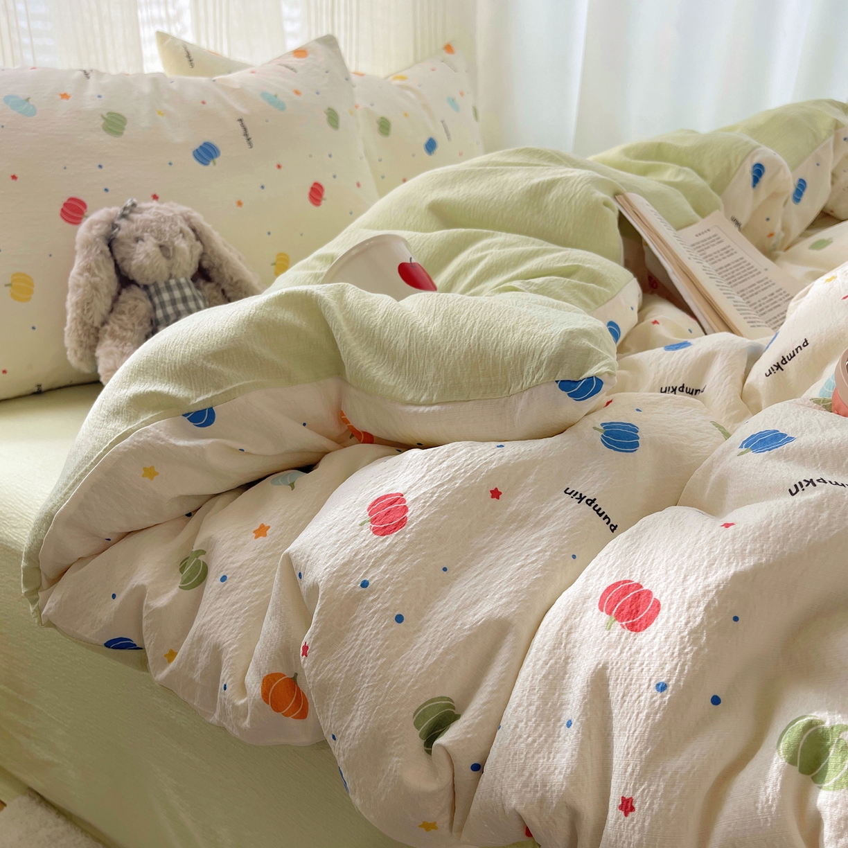 91家纺网 家纺一手货源 找家纺 繁花家居 2026新款木棉双层纱四件套 纤南瓜语