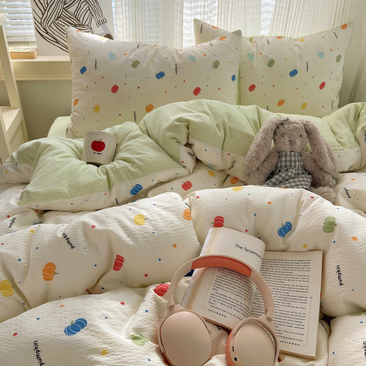 91家纺网 家纺一手货源 找家纺 繁花家居 2026新款木棉双层纱四件套 纤南瓜语