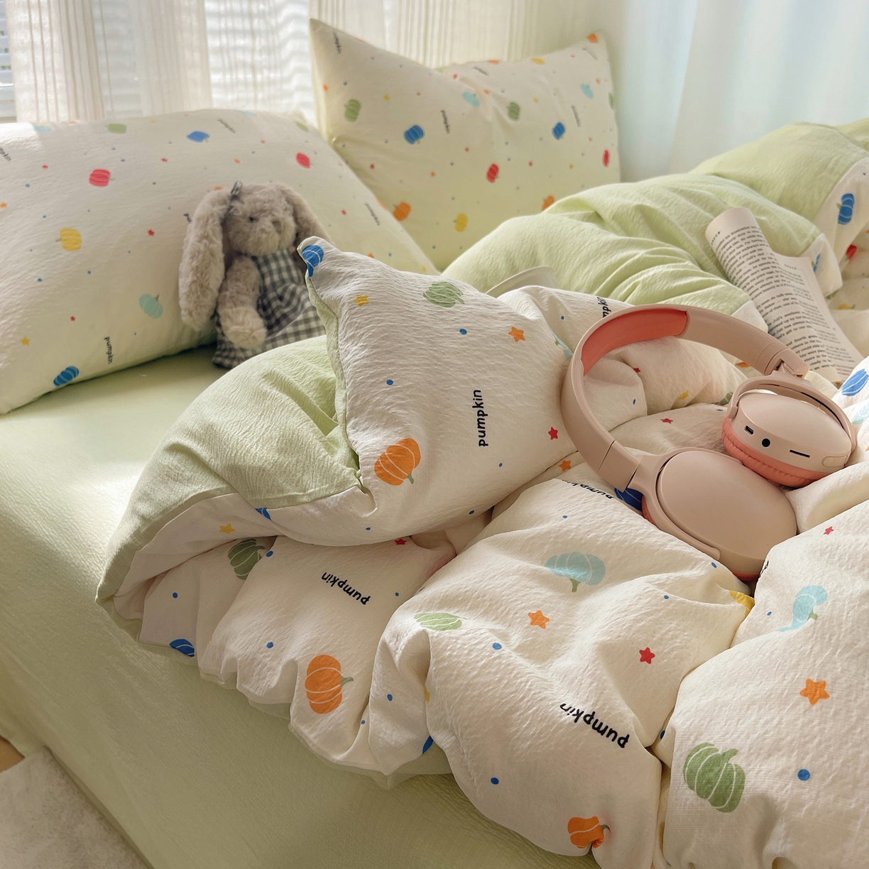 91家纺网 家纺一手货源 找家纺 繁花家居 2026新款木棉双层纱四件套 纤南瓜语