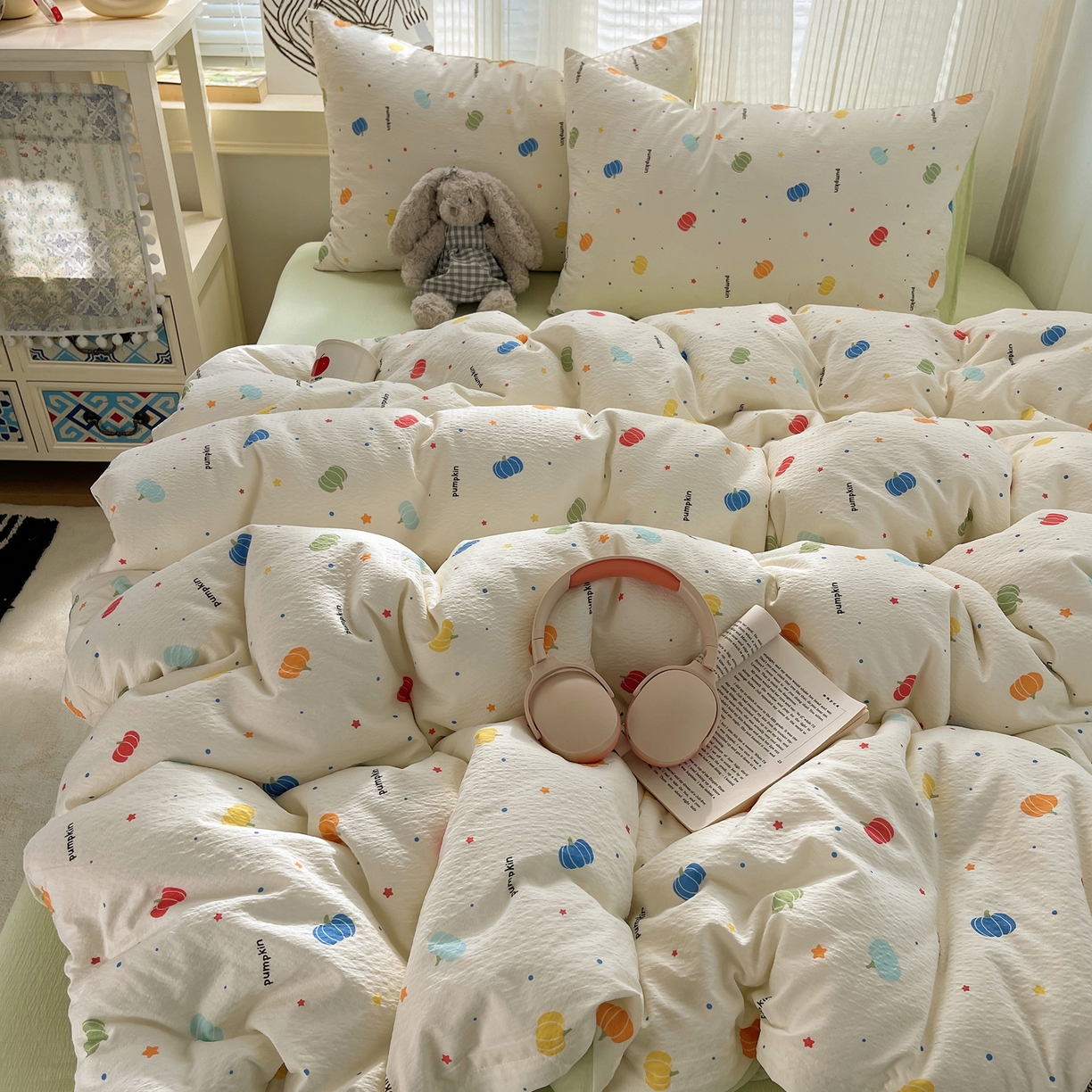 91家纺网 家纺一手货源 找家纺 繁花家居 2026新款木棉双层纱四件套 纤南瓜语