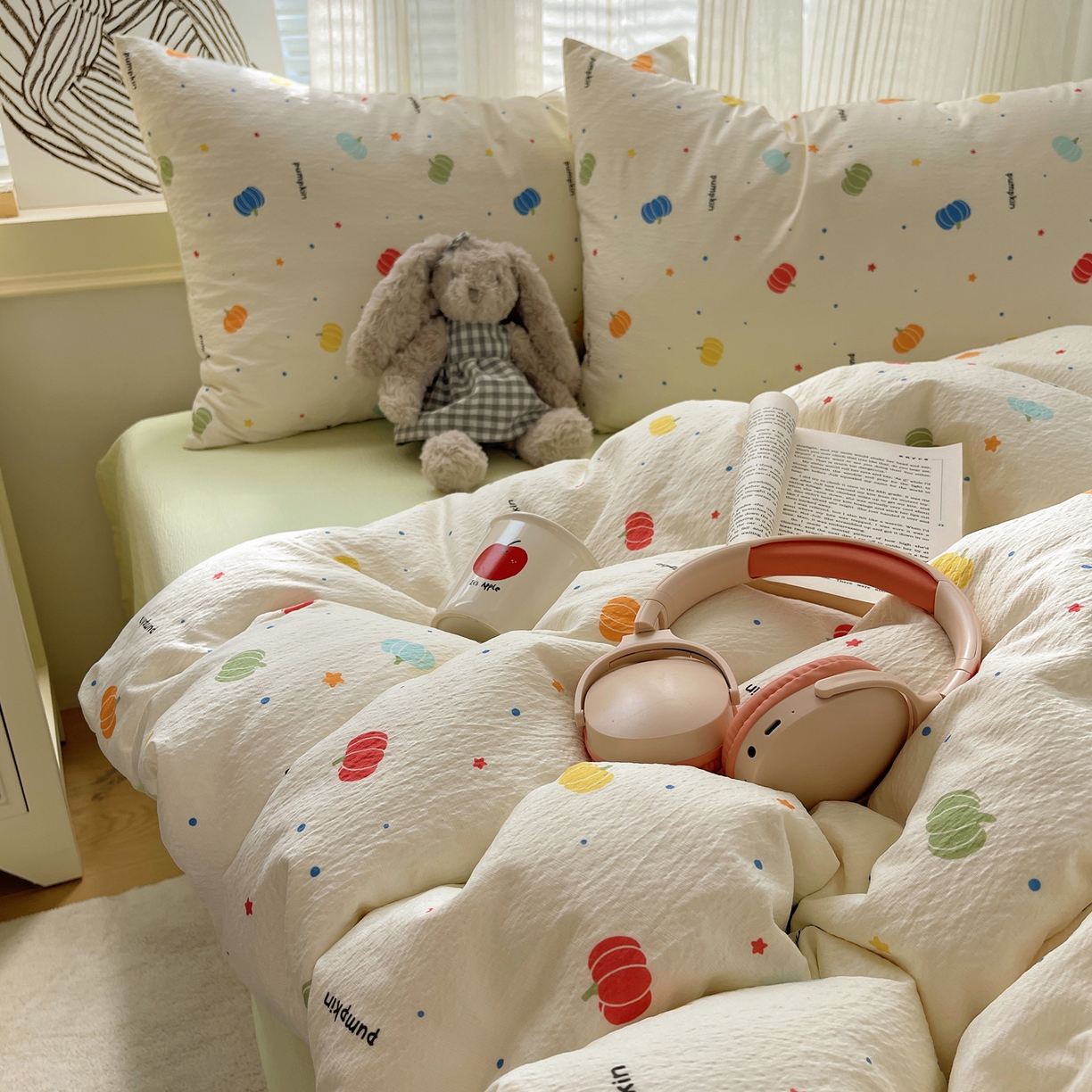 91家纺网 家纺一手货源 找家纺 繁花家居 2026新款木棉双层纱四件套 纤南瓜语