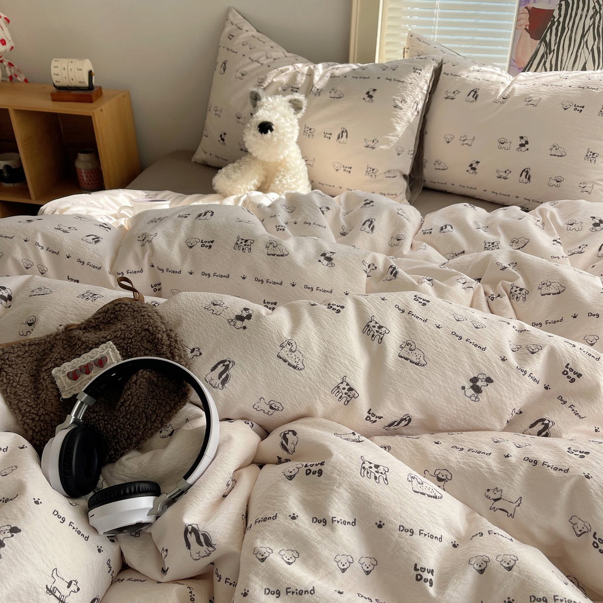 91家纺网 家纺一手货源 找家纺 繁花家居 2026新款木棉双层纱四件套 小狗日记