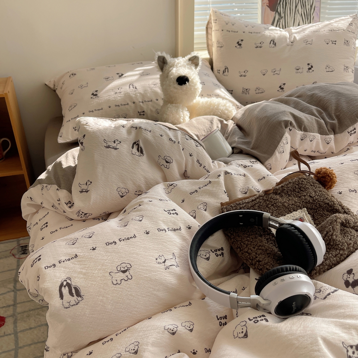 91家纺网 家纺一手货源 找家纺 繁花家居 2026新款木棉双层纱四件套 小狗日记