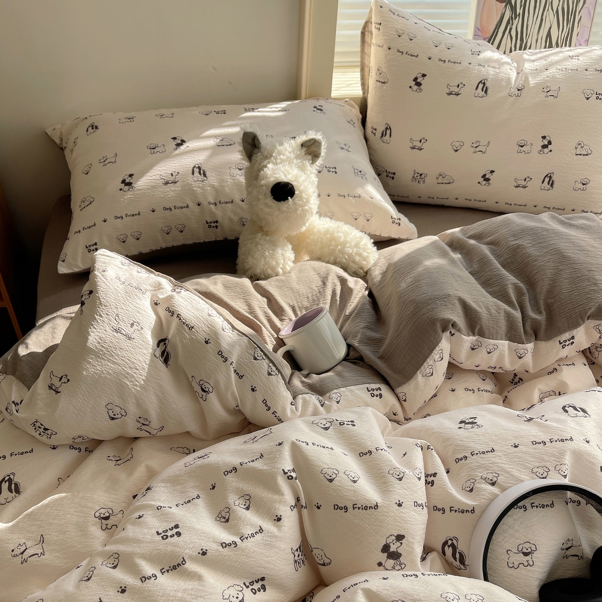 91家纺网 家纺一手货源 找家纺 繁花家居 2026新款木棉双层纱四件套 小狗日记