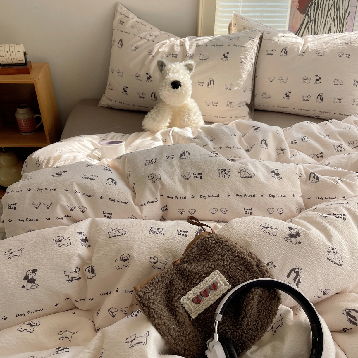 91家纺网 家纺一手货源 找家纺 繁花家居 2026新款木棉双层纱四件套 小狗日记