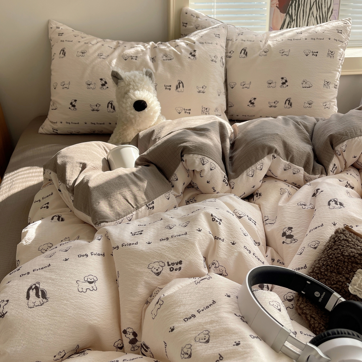 91家纺网 家纺一手货源 找家纺 繁花家居 2026新款木棉双层纱四件套 小狗日记