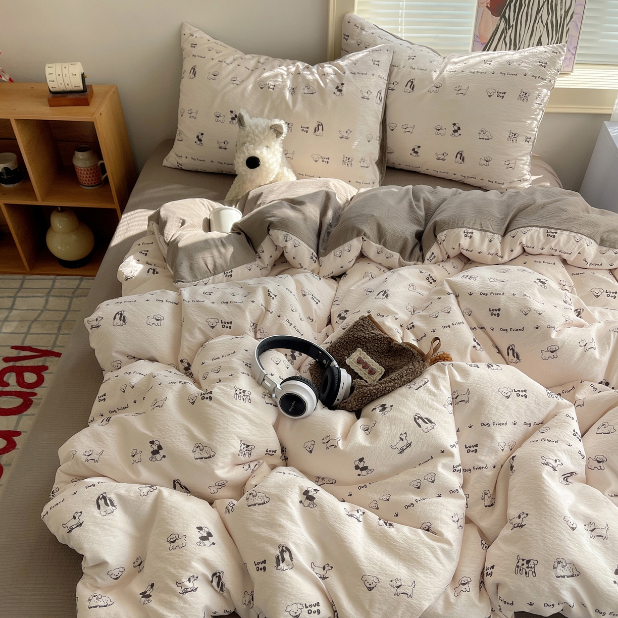 91家纺网 家纺一手货源 找家纺 繁花家居 2026新款木棉双层纱四件套 小狗日记