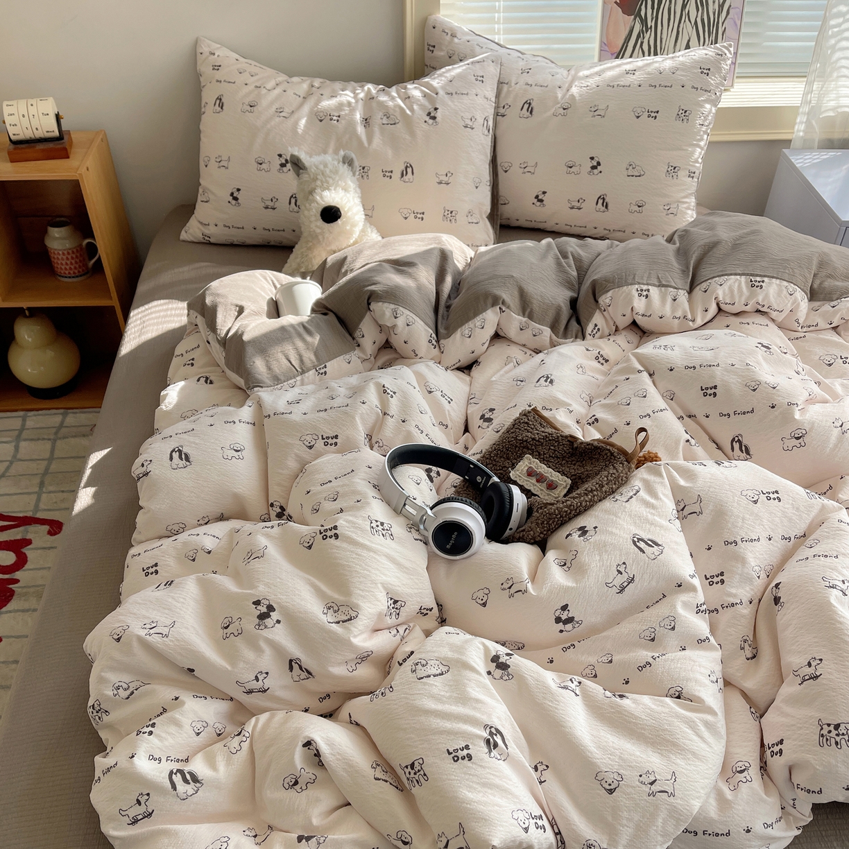 91家纺网 家纺一手货源 找家纺 繁花家居 2026新款木棉双层纱四件套 小狗日记