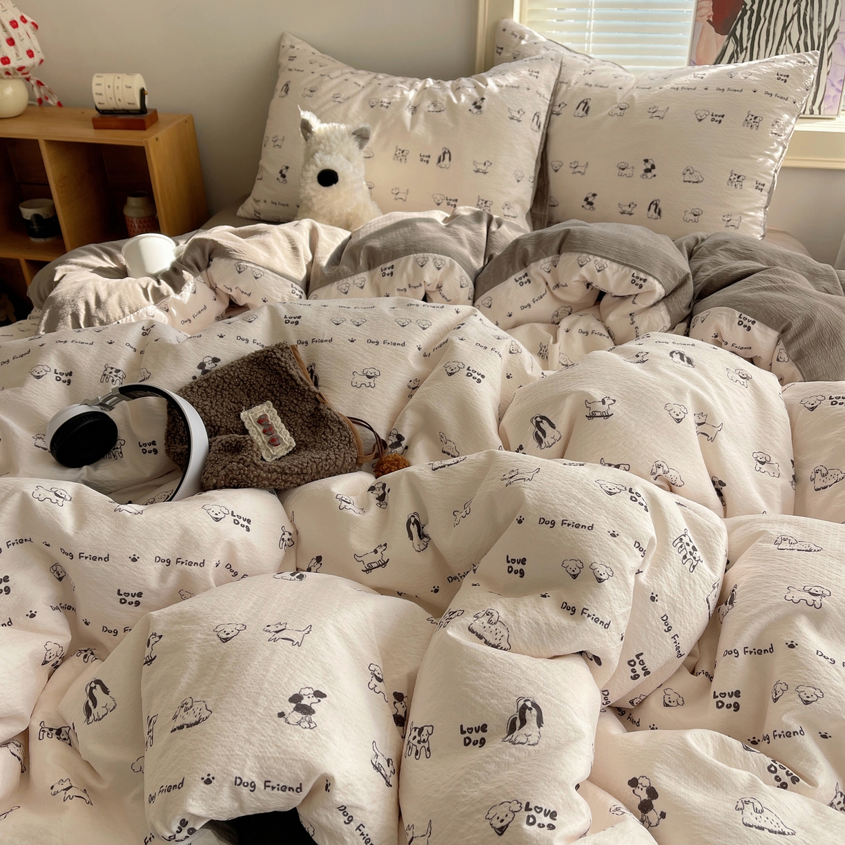 91家纺网 家纺一手货源 找家纺 繁花家居 2026新款木棉双层纱四件套 小狗日记