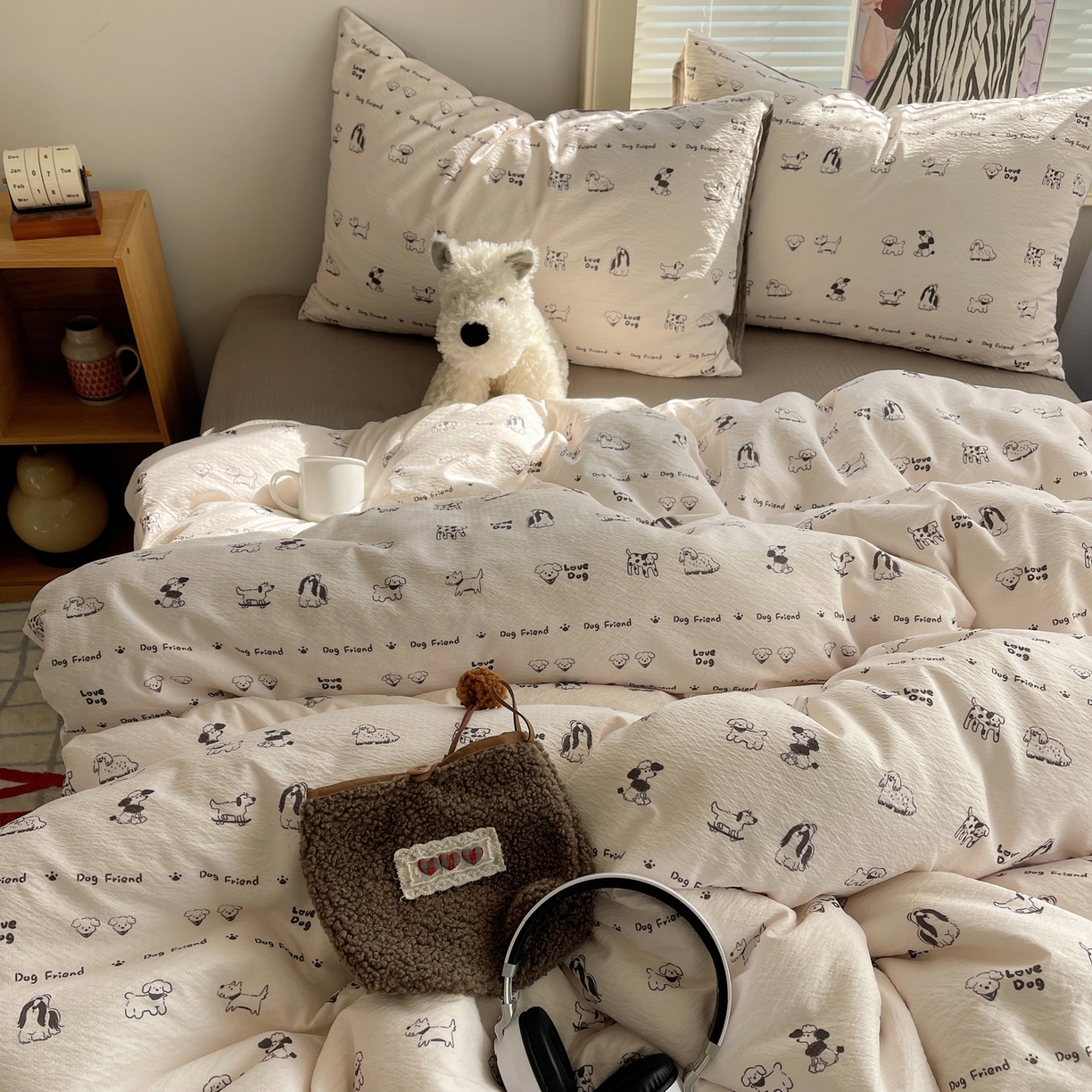 91家纺网 家纺一手货源 找家纺 繁花家居 2026新款木棉双层纱四件套 小狗日记