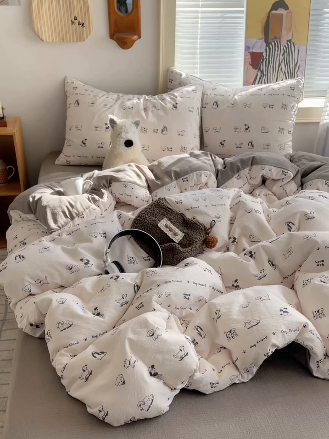 91家纺网 家纺一手货源 找家纺 繁花家居 2026新款木棉双层纱四件套 小狗日记