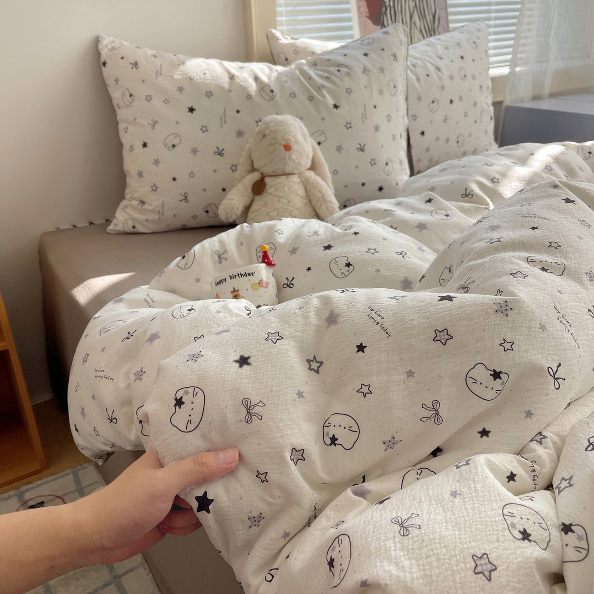 91家纺网 家纺一手货源 找家纺 繁花家居 2026新款木棉双层纱四件套 星灰喵语1