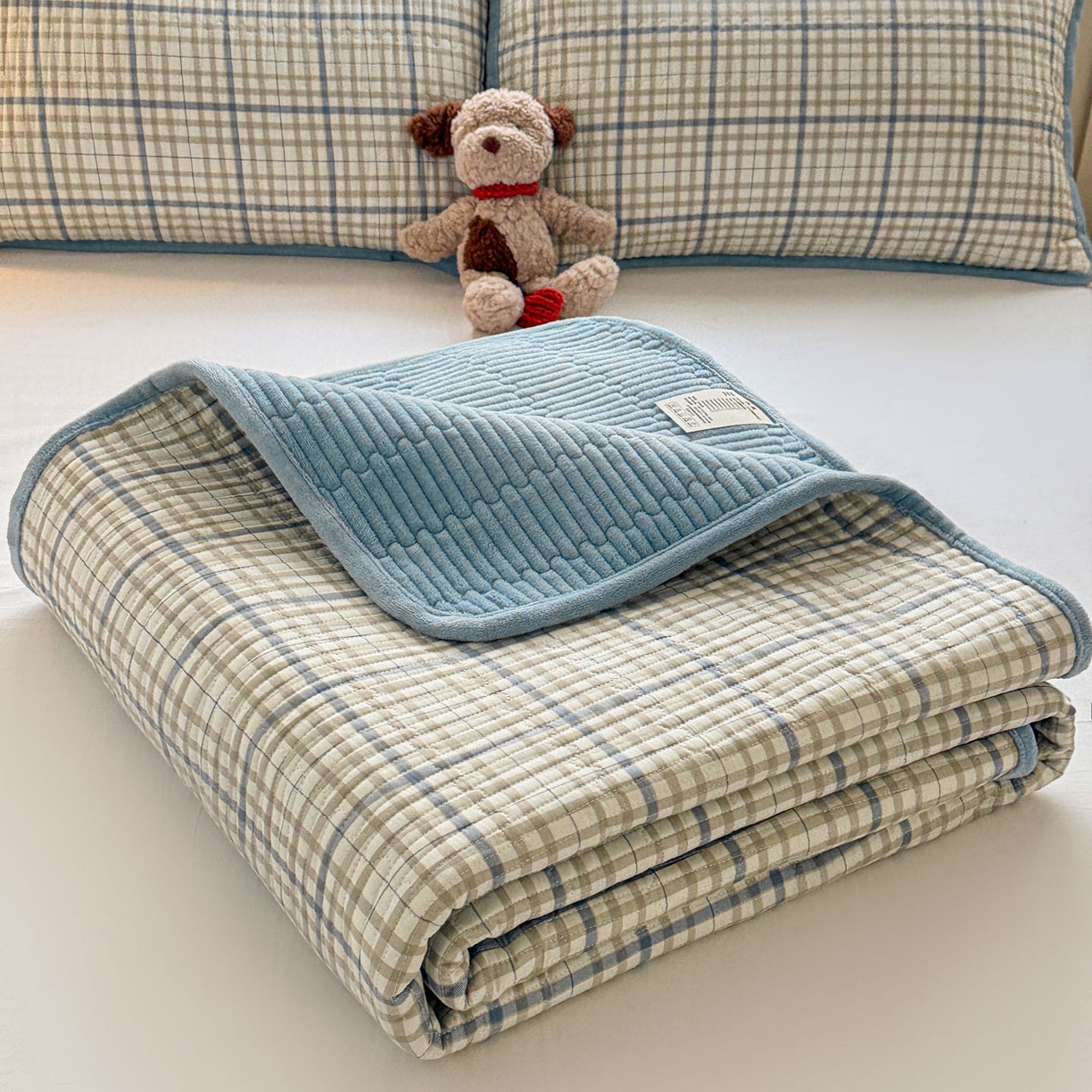 91家纺网 家纺一手货源 找家纺 恒尚居 2026新款纯棉牛奶绒双拼床垫双面两用床褥垫夹棉床盖床褥垫-冬款四季通用-系列一 大格蓝灰【A纯棉-B牛奶绒】