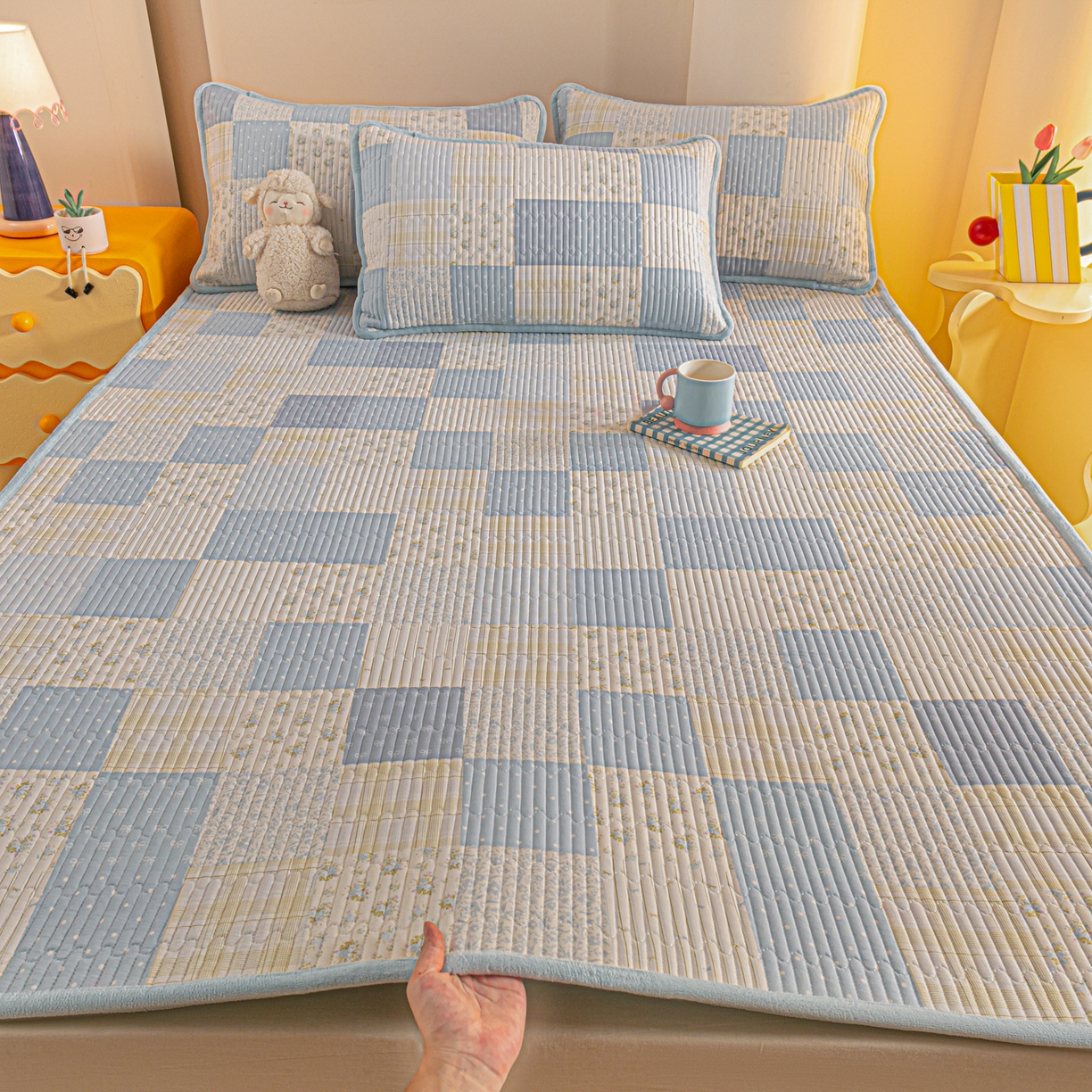 恒尚居 2026新款纯棉牛奶绒双拼床垫双面两用床褥垫夹棉床盖床褥垫-冬款四季通用-系列一 芳菲-蓝【A纯棉-B牛奶绒】