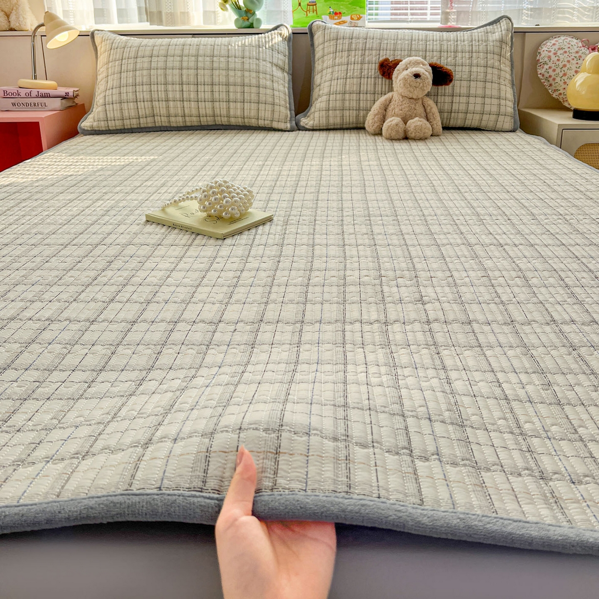 恒尚居 2026新款纯棉牛奶绒双拼床垫双面两用床褥垫夹棉床盖床褥垫-冬款四季通用-系列一 简约格【A纯棉-B牛奶绒】