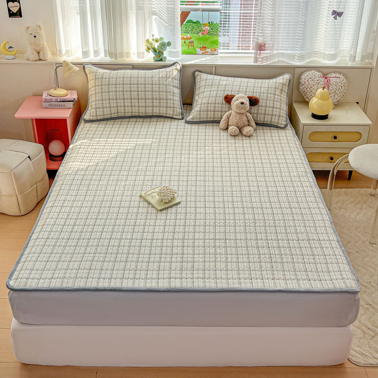 91家纺网 家纺一手货源 找家纺 恒尚居 2026新款纯棉牛奶绒双拼床垫双面两用床褥垫夹棉床盖床褥垫-冬款四季通用-系列一 简约格【A纯棉-B牛奶绒】