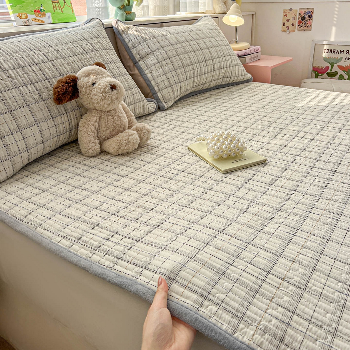 91家纺网 家纺一手货源 找家纺 恒尚居 2026新款纯棉牛奶绒双拼床垫双面两用床褥垫夹棉床盖床褥垫-冬款四季通用-系列一 简约格【A纯棉-B牛奶绒】