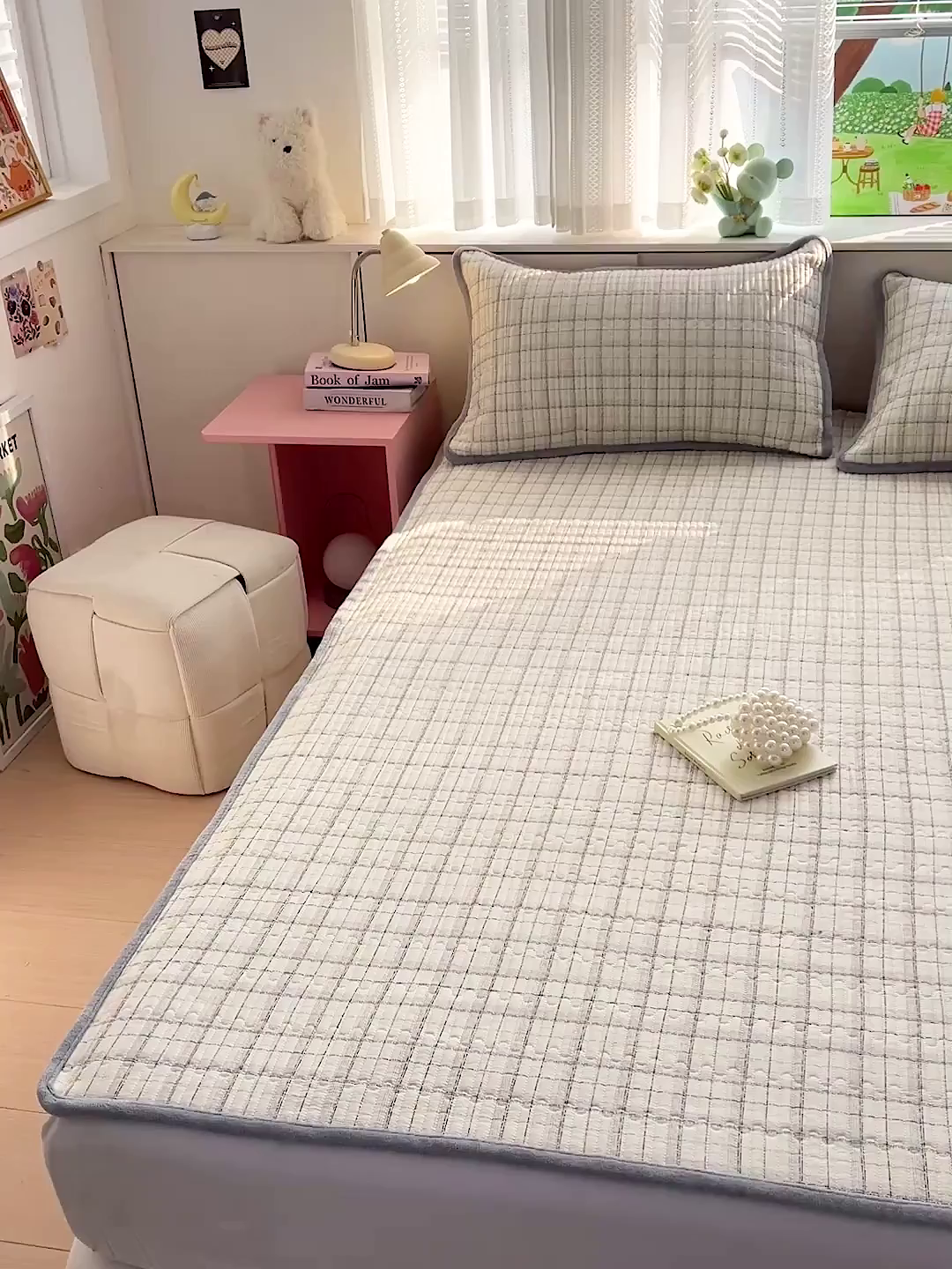 91家纺网 家纺一手货源 找家纺 恒尚居 2026新款纯棉牛奶绒双拼床垫双面两用床褥垫夹棉床盖床褥垫-冬款四季通用-系列一 简约格【A纯棉-B牛奶绒】