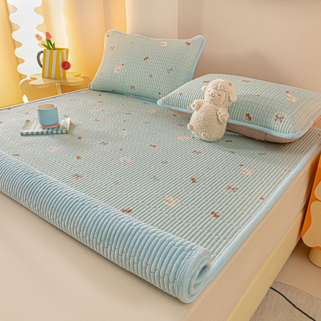 91家纺网 家纺一手货源 找家纺 恒尚居 2026新款纯棉牛奶绒双拼床垫双面两用床褥垫夹棉床盖床褥垫-冬款四季通用-系列一 蓝象【A纯棉-B牛奶绒】