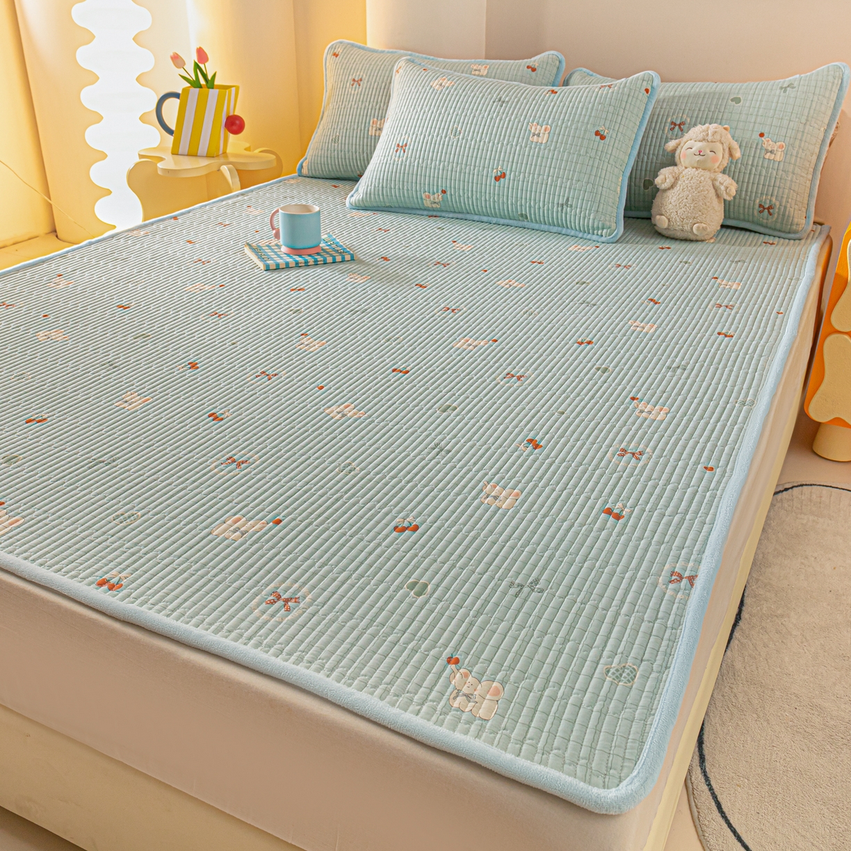 91家纺网 家纺一手货源 找家纺 恒尚居 2026新款纯棉牛奶绒双拼床垫双面两用床褥垫夹棉床盖床褥垫-冬款四季通用-系列一 蓝象【A纯棉-B牛奶绒】