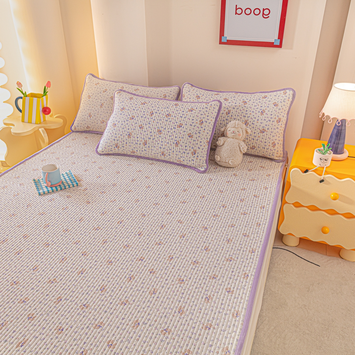 91家纺网 家纺一手货源 找家纺 恒尚居 2026新款纯棉牛奶绒双拼床垫双面两用床褥垫夹棉床盖床褥垫-冬款四季通用-系列一 清茶小熊【A纯棉-B牛奶绒】