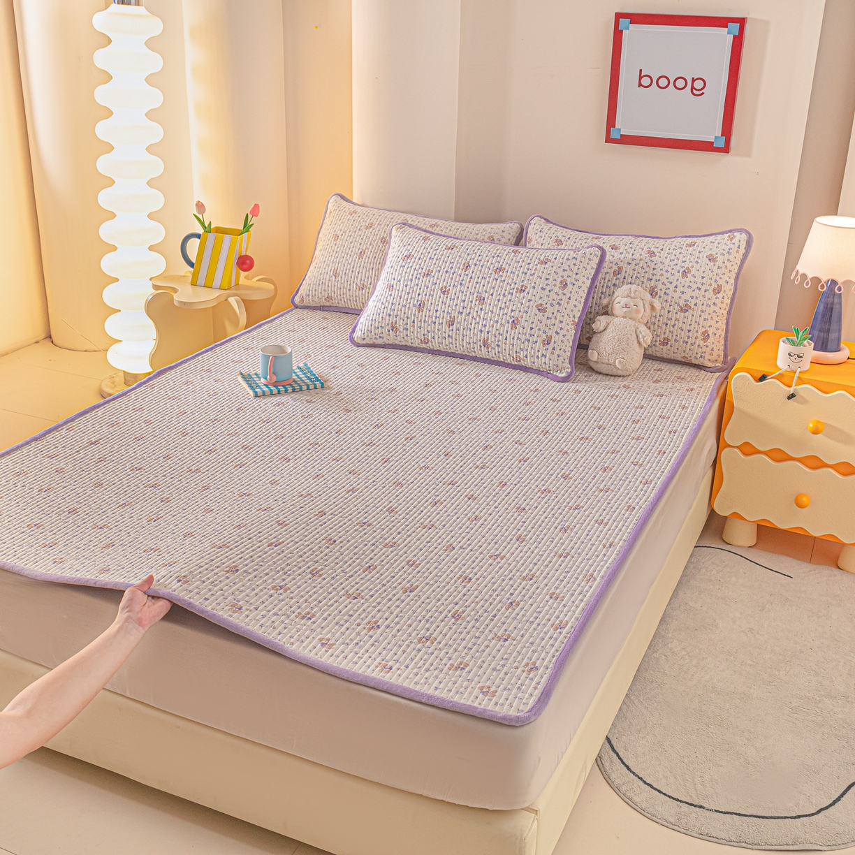 91家纺网 家纺一手货源 找家纺 恒尚居 2026新款纯棉牛奶绒双拼床垫双面两用床褥垫夹棉床盖床褥垫-冬款四季通用-系列一 清茶小熊【A纯棉-B牛奶绒】