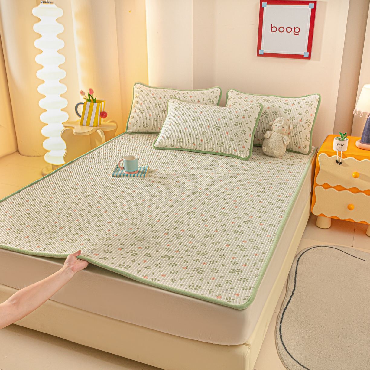 91家纺网 家纺一手货源 找家纺 恒尚居 2026新款纯棉牛奶绒双拼床垫双面两用床褥垫夹棉床盖床褥垫-冬款四季通用-系列一 清新雅韵【A纯棉-B牛奶绒】