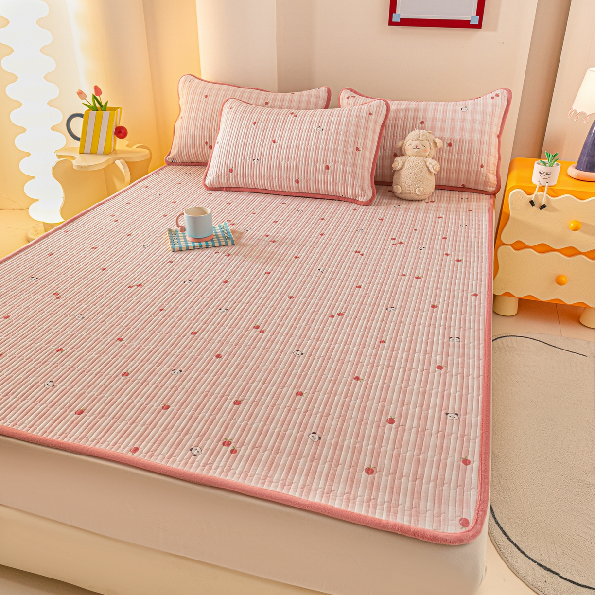 91家纺网 家纺一手货源 找家纺 恒尚居 2026新款纯棉牛奶绒双拼床垫双面两用床褥垫夹棉床盖床褥垫-冬款四季通用-系列一 小欢喜【A纯棉-B牛奶绒】