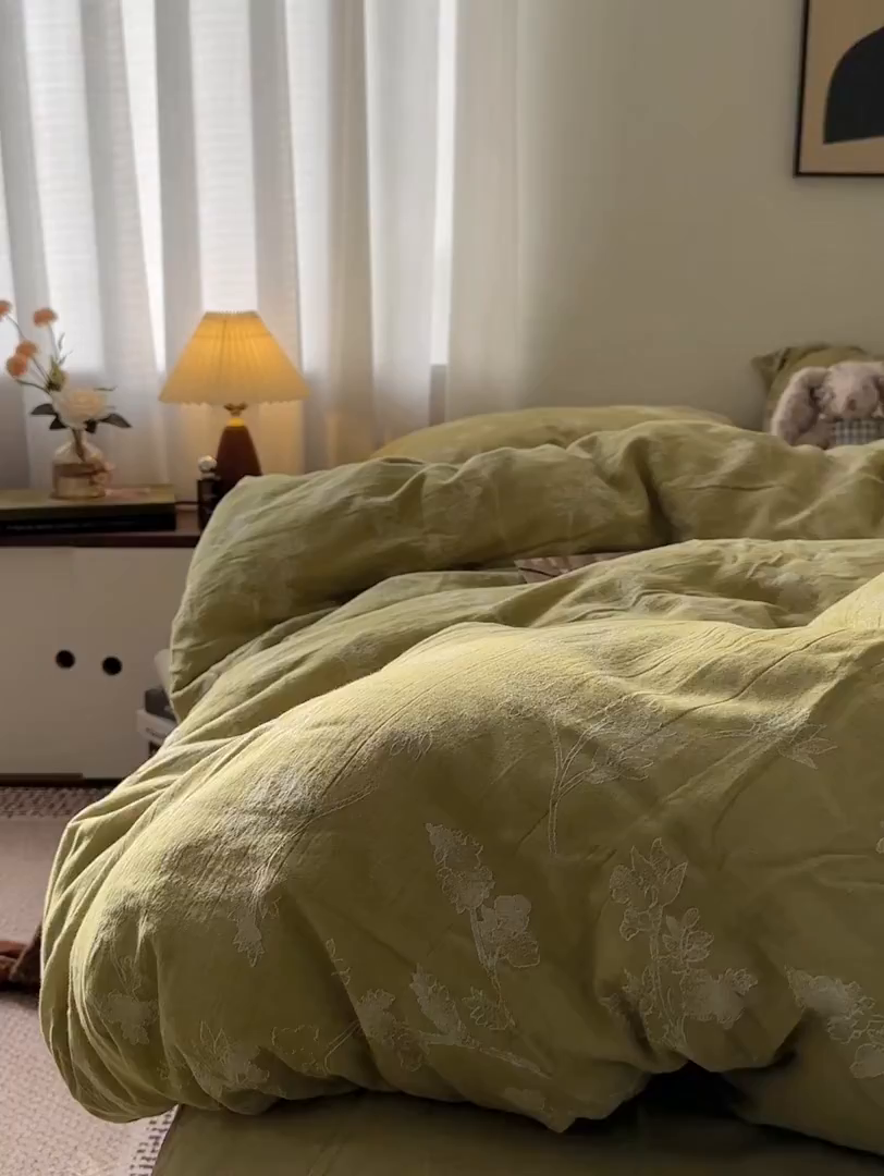 91家纺网 家纺一手货源 找家纺 艾咪-Amy ntmy 2026新款法式复古风全棉色织提花四件套-素雅 素雅绿