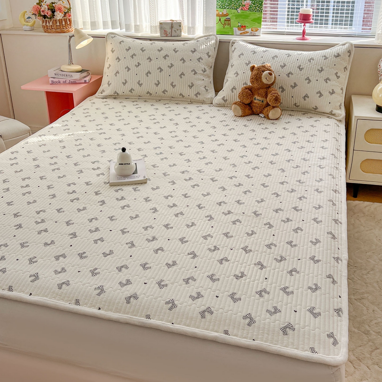 91家纺网 家纺一手货源 找家纺 恒尚居 2026新款纯棉牛奶绒双拼床垫双面两用床褥垫夹棉床盖床褥垫-冬款四季通用-系列二 爱心蝴蝶结【A纯棉-B牛奶绒】