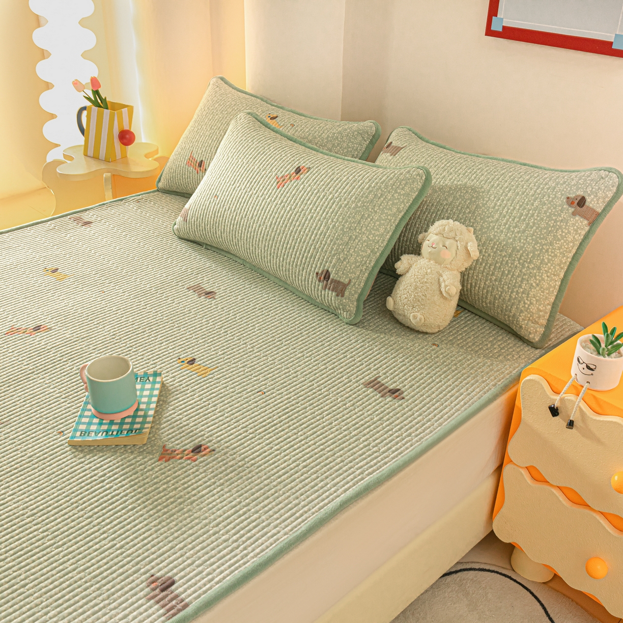 91家纺网 家纺一手货源 找家纺 恒尚居 2026新款纯棉牛奶绒双拼床垫双面两用床褥垫夹棉床盖床褥垫-冬款四季通用-系列二 布丁狗【A纯棉-B牛奶绒】