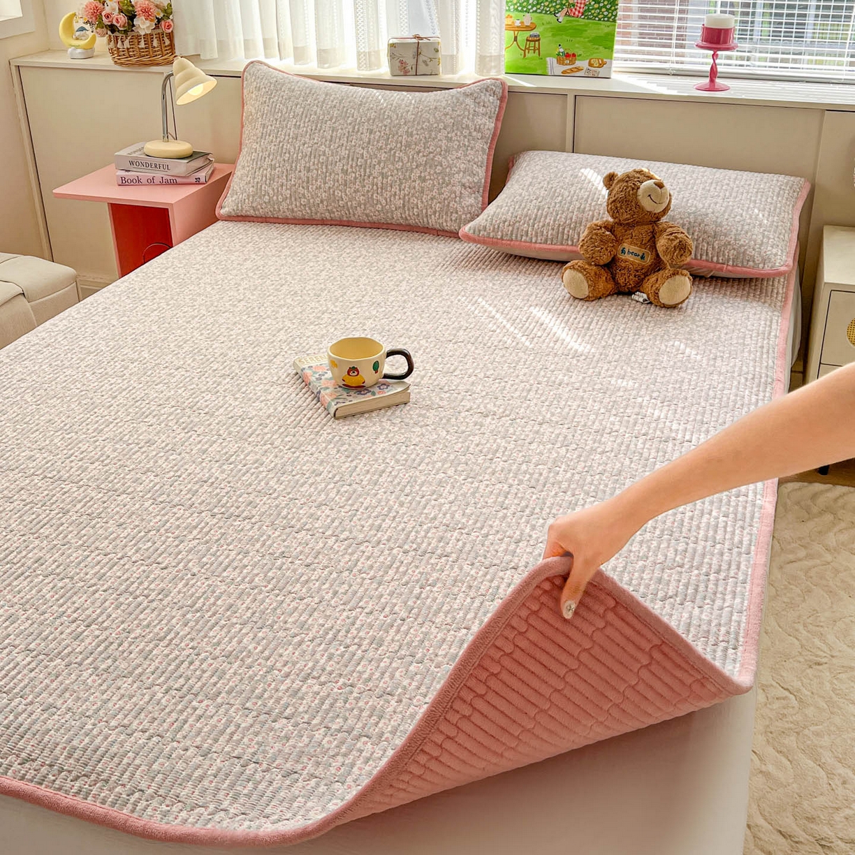 91家纺网 家纺一手货源 找家纺 恒尚居 2026新款纯棉牛奶绒双拼床垫双面两用床褥垫夹棉床盖床褥垫-冬款四季通用-系列二 花海【A纯棉-B牛奶绒】