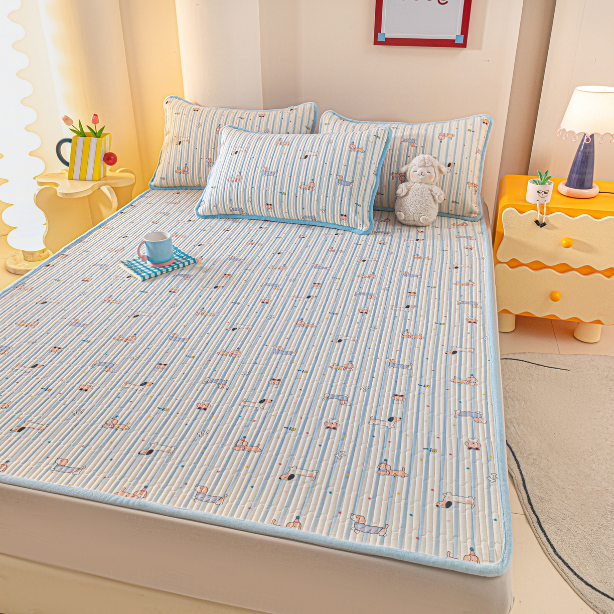 91家纺网 家纺一手货源 找家纺 恒尚居 2026新款纯棉牛奶绒双拼床垫双面两用床褥垫夹棉床盖床褥垫-冬款四季通用-系列二 机灵旺仔【A纯棉-B牛奶绒】