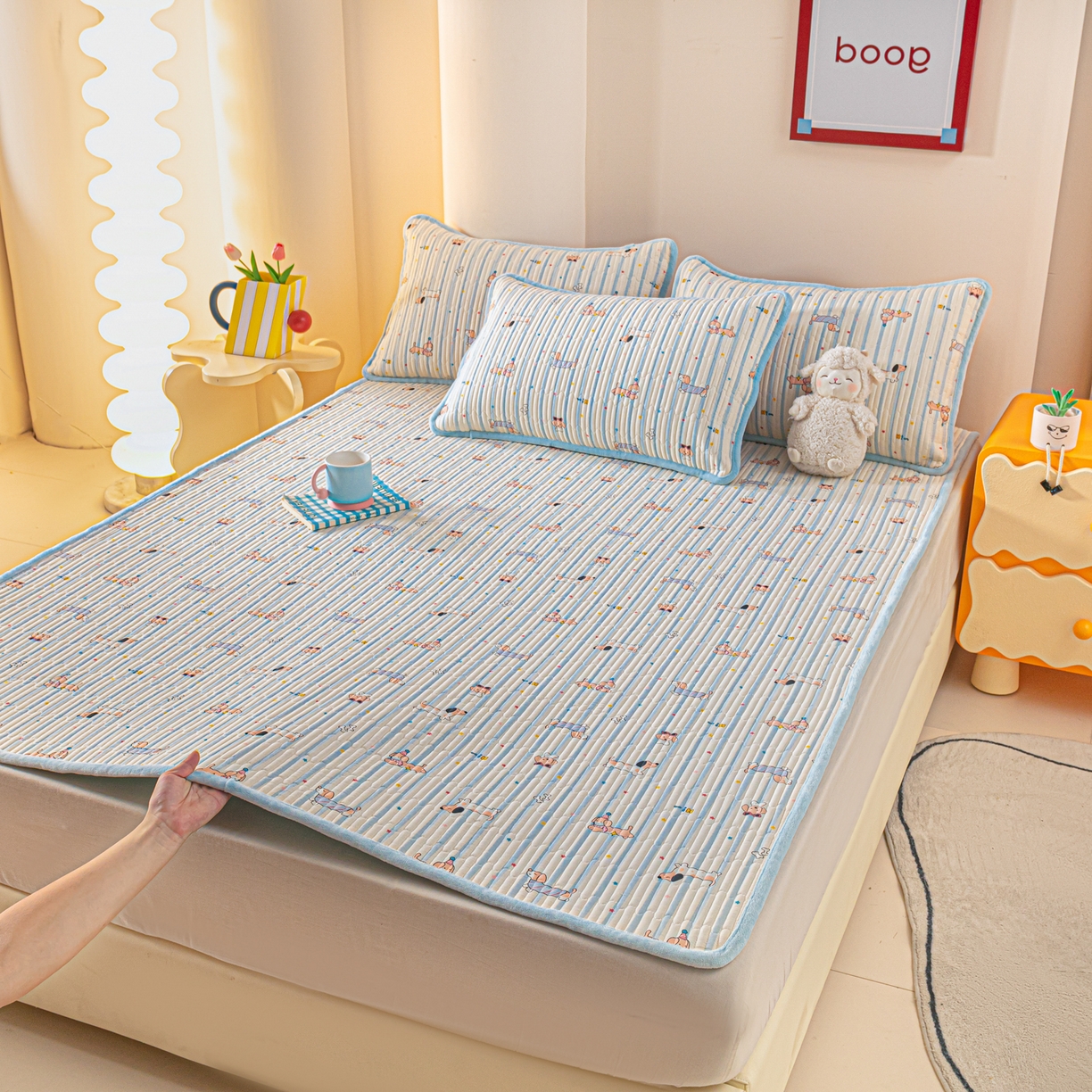 91家纺网 家纺一手货源 找家纺 恒尚居 2026新款纯棉牛奶绒双拼床垫双面两用床褥垫夹棉床盖床褥垫-冬款四季通用-系列二 机灵旺仔【A纯棉-B牛奶绒】