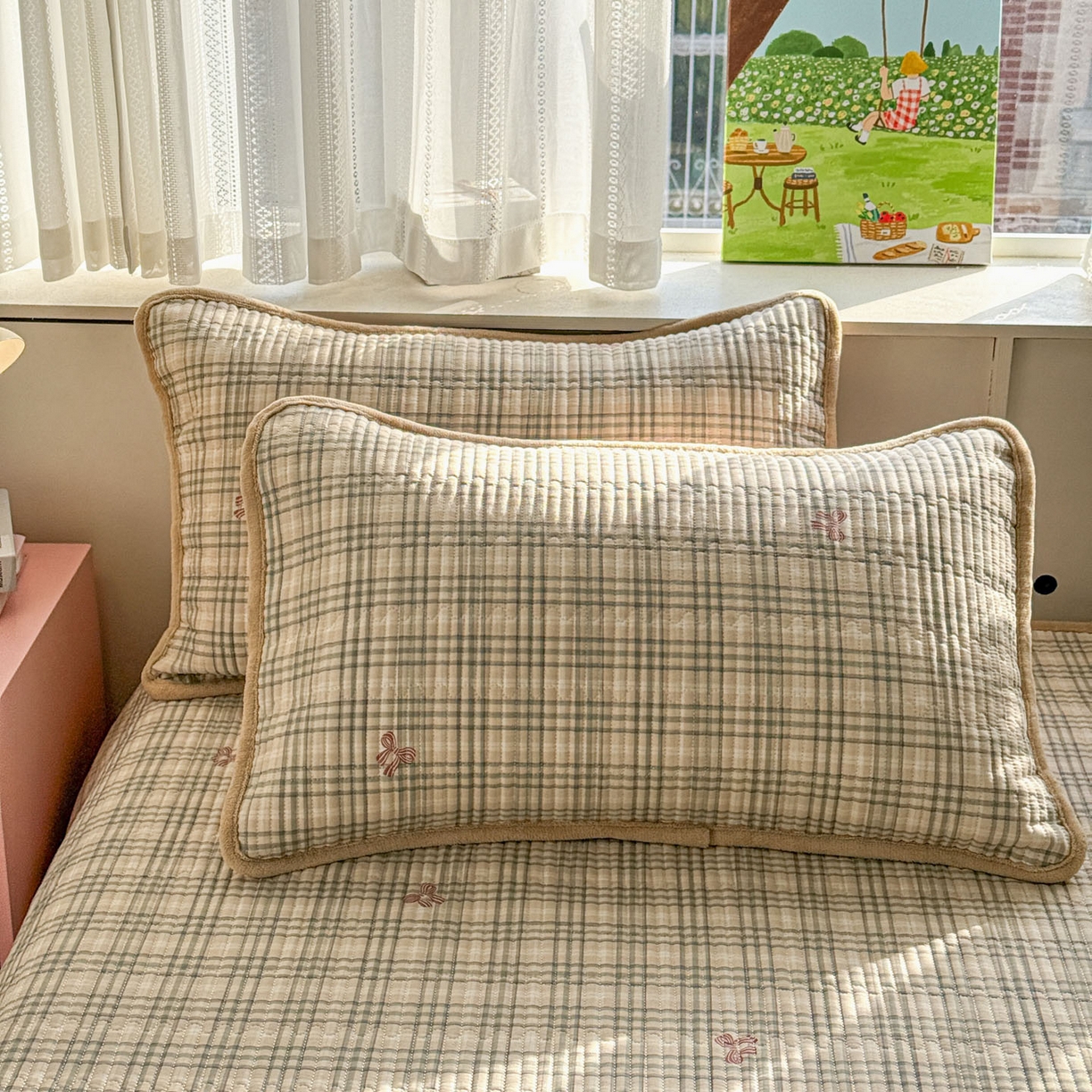 91家纺网 家纺一手货源 找家纺 恒尚居 2026新款纯棉牛奶绒双拼床垫双面两用床褥垫夹棉床盖床褥垫-冬款四季通用-系列二 卡其格【A纯棉-B牛奶绒】