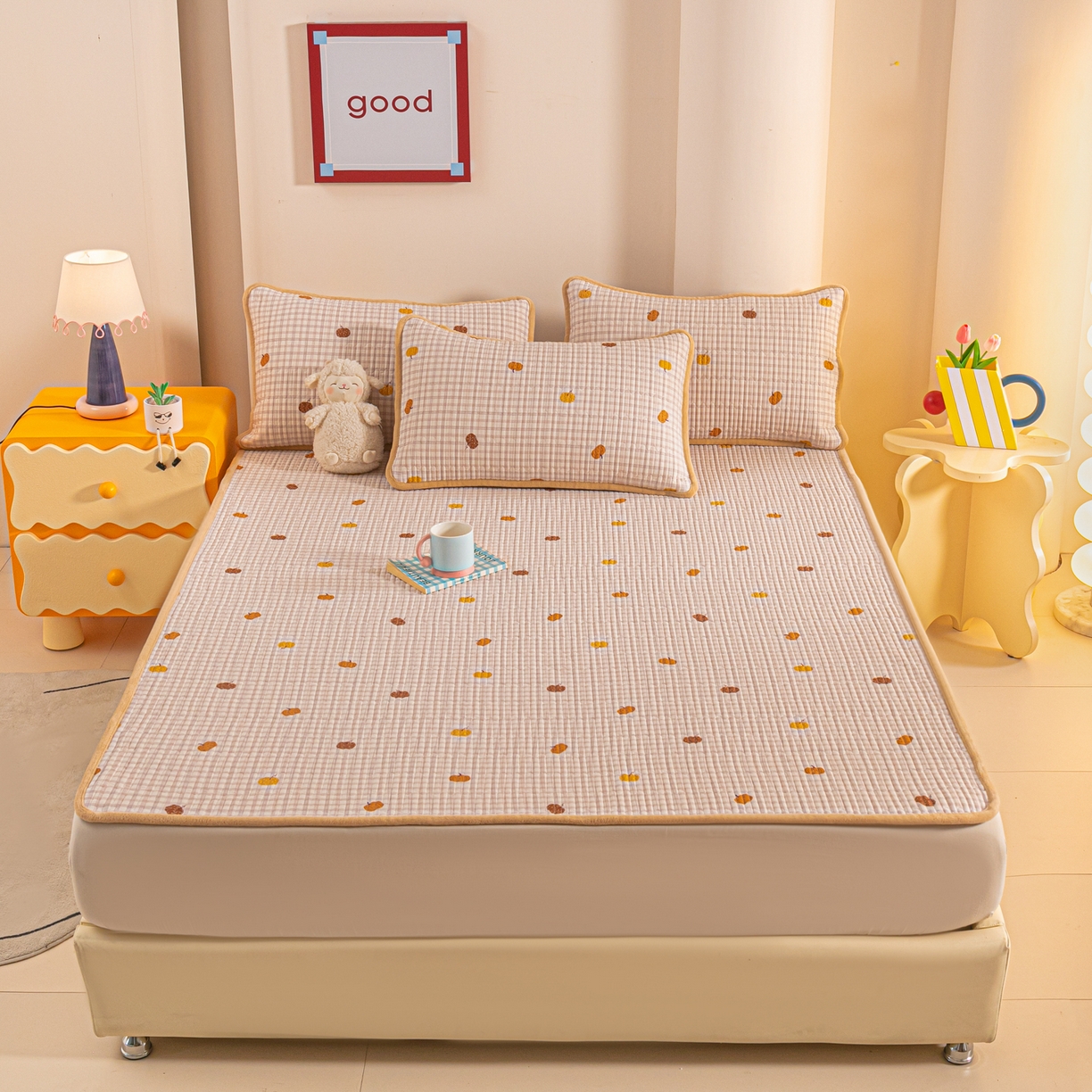 91家纺网 家纺一手货源 找家纺 恒尚居 2026新款纯棉牛奶绒双拼床垫双面两用床褥垫夹棉床盖床褥垫-冬款四季通用-系列二 南瓜奇趣【A纯棉-B牛奶绒】