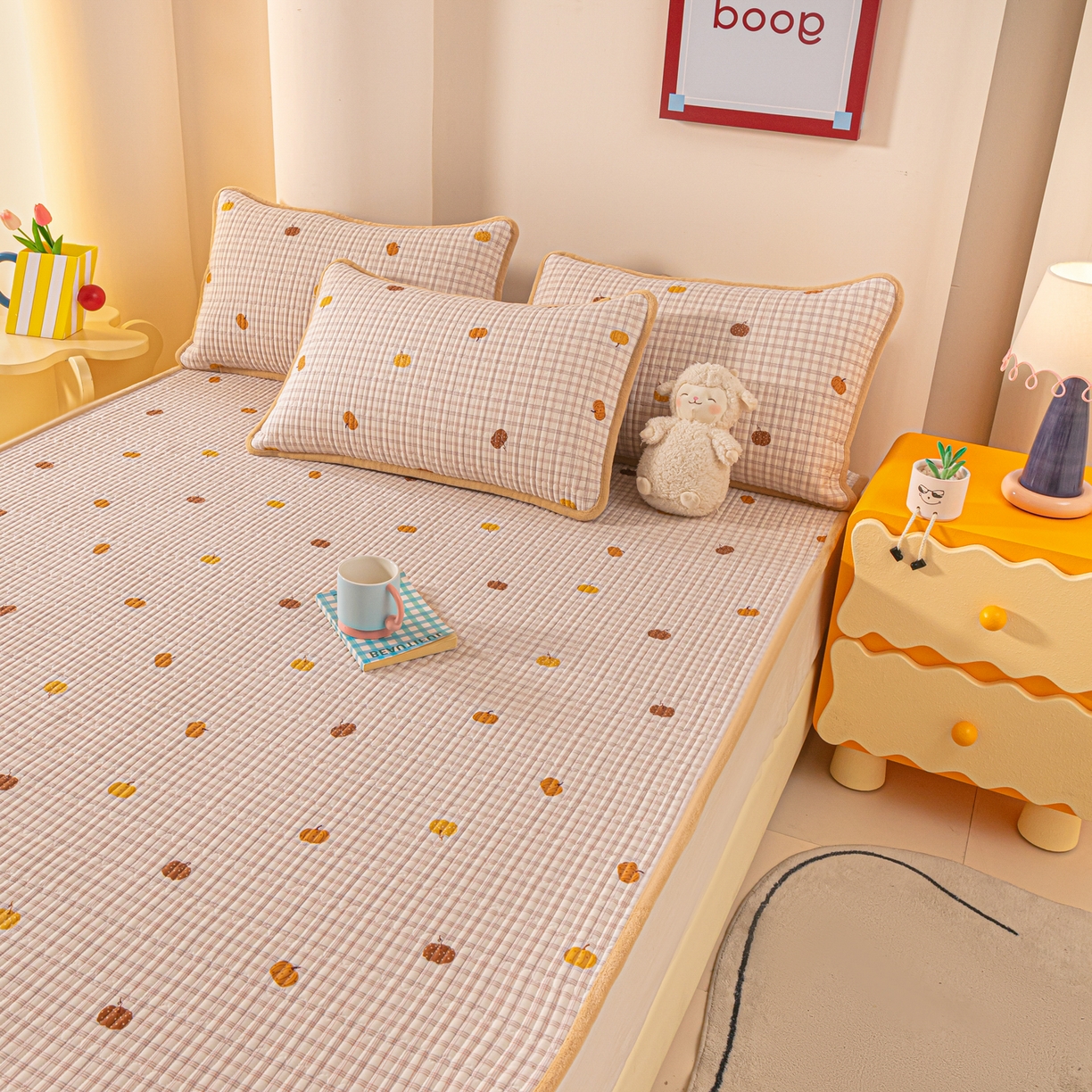 91家纺网 家纺一手货源 找家纺 恒尚居 2026新款纯棉牛奶绒双拼床垫双面两用床褥垫夹棉床盖床褥垫-冬款四季通用-系列二 南瓜奇趣【A纯棉-B牛奶绒】