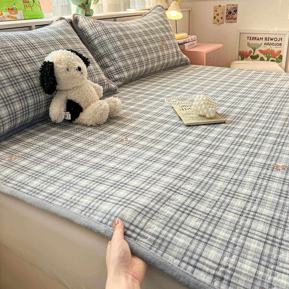 91家纺网 家纺一手货源 找家纺 恒尚居 2026新款纯棉牛奶绒双拼床垫双面两用床褥垫夹棉床盖床褥垫-冬款四季通用-系列二 淑女格【A纯棉-B牛奶绒】