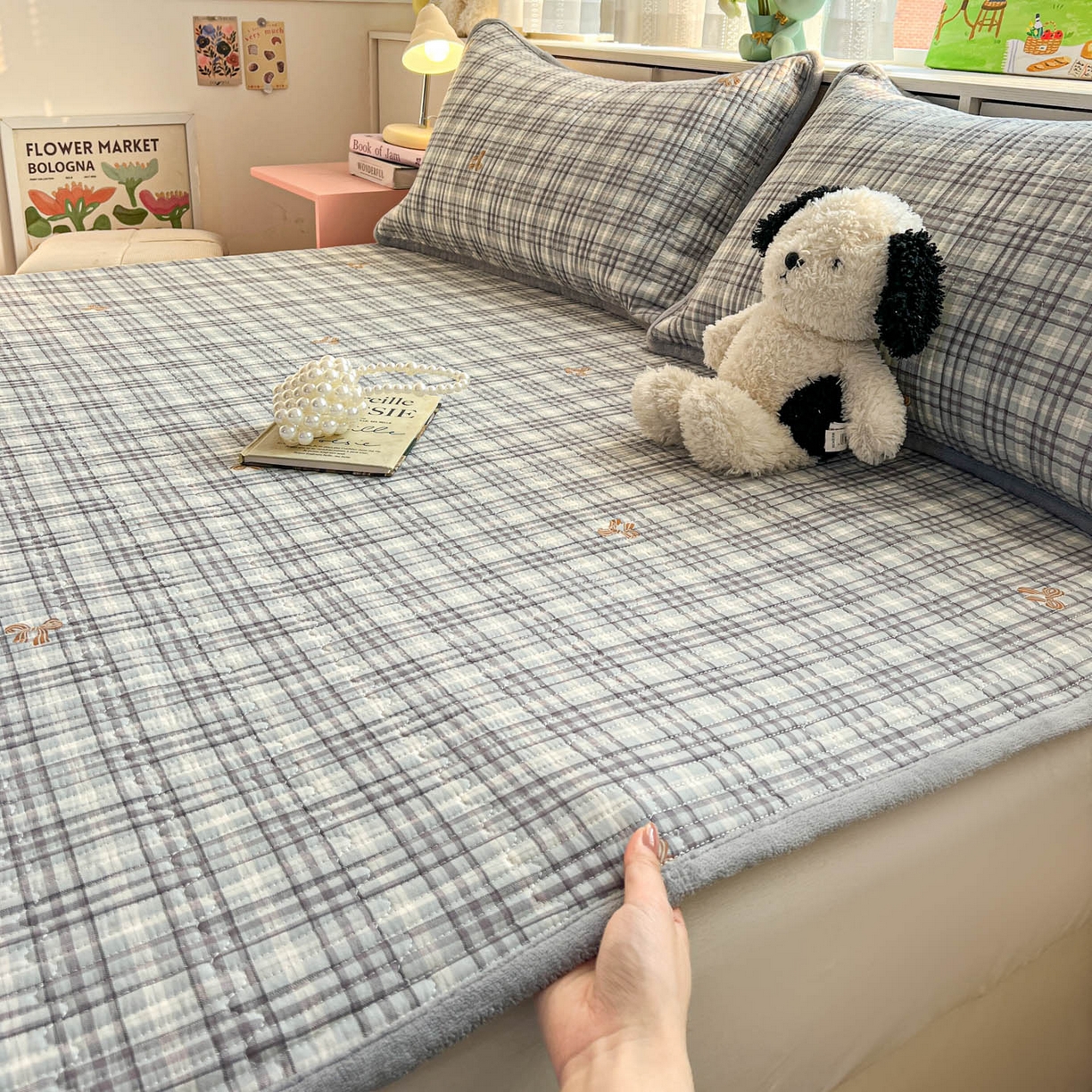 91家纺网 家纺一手货源 找家纺 恒尚居 2026新款纯棉牛奶绒双拼床垫双面两用床褥垫夹棉床盖床褥垫-冬款四季通用-系列二 淑女格【A纯棉-B牛奶绒】