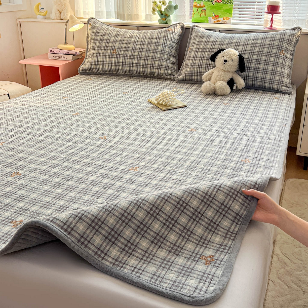 91家纺网 家纺一手货源 找家纺 恒尚居 2026新款纯棉牛奶绒双拼床垫双面两用床褥垫夹棉床盖床褥垫-冬款四季通用-系列二 淑女格【A纯棉-B牛奶绒】