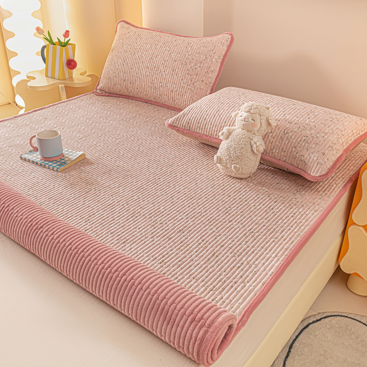 91家纺网 家纺一手货源 找家纺 恒尚居 2026新款纯棉牛奶绒双拼床垫双面两用床褥垫夹棉床盖床褥垫-冬款四季通用-系列二 樱花灿灿【A纯棉-B牛奶绒】