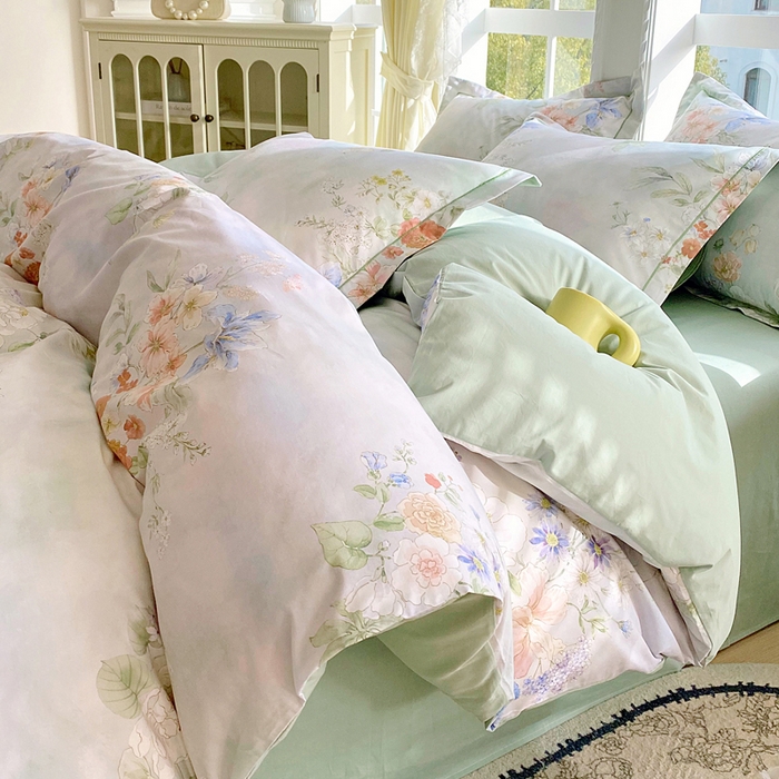 91家纺网 家纺一手货源 找家纺 星期三家纺 2026款1月新款铂金全棉13372四件套 星野花语-绿