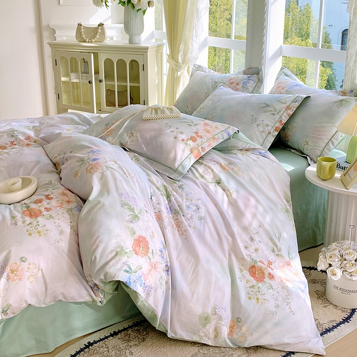 91家纺网 家纺一手货源 找家纺 星期三家纺 2026款1月新款铂金全棉13372四件套 星野花语-绿