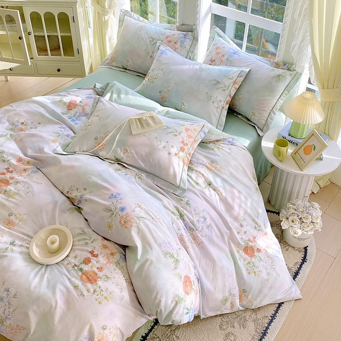 91家纺网 家纺一手货源 找家纺 星期三家纺 2026款1月新款铂金全棉13372四件套 星野花语-绿