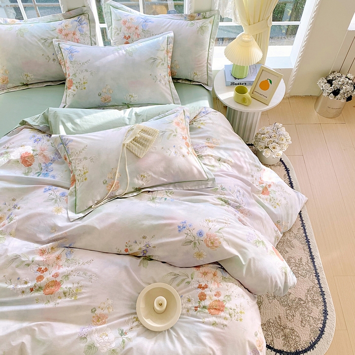 91家纺网 家纺一手货源 找家纺 星期三家纺 2026款1月新款铂金全棉13372四件套 星野花语-绿