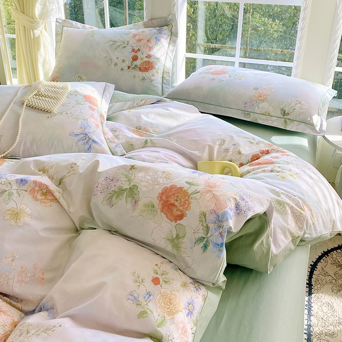 91家纺网 家纺一手货源 找家纺 星期三家纺 2026款1月新款铂金全棉13372四件套 星野花语-绿